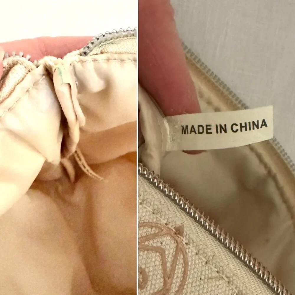 Small Beige Canvas Printed Pouch Cosmetic Bag 6x4x2 Inches Rose Gold Zipper